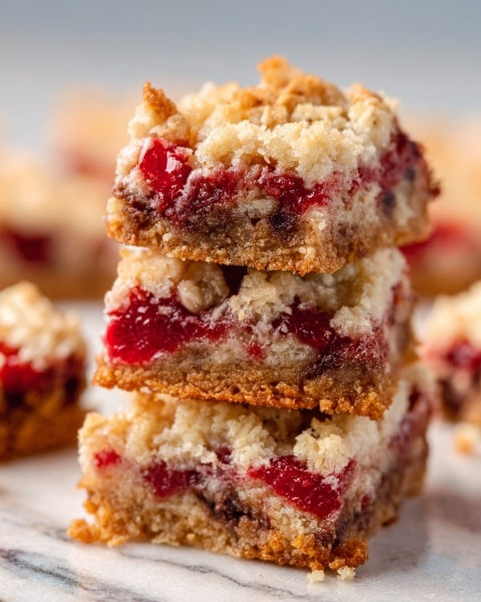 The image shows three stacked dessert bars on a white marbled surface. Each bar has three clear layers: the bottom layer is a golden brown crumbly crust with a rough texture, the middle layer is bright red and juicy with visible pieces of fruit, while the top layer is a light beige crumbly oat topping with a slightly bumpy texture. The bars are stacked neatly, one on top of the other, creating a visually appealing tower. In the background, blurred dessert bars add depth to the photo. Photo taken with an iphone --ar 4:5 --v 7