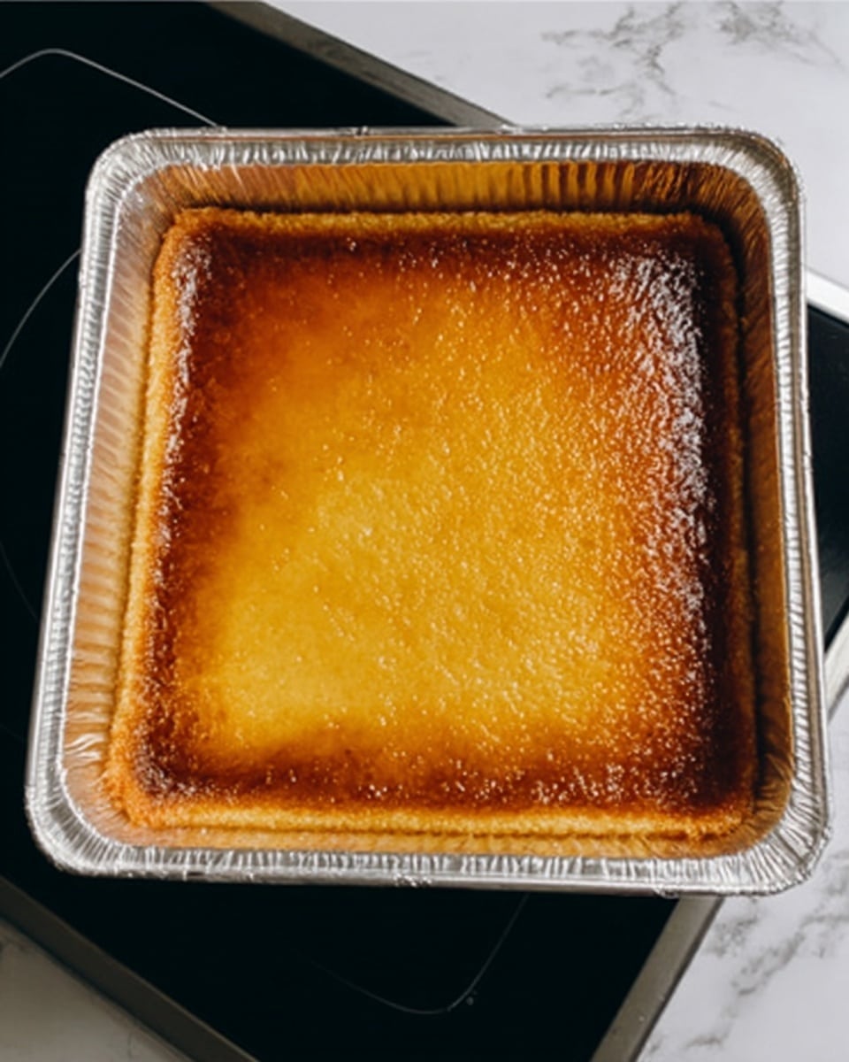 The image shows a square white foil container with a golden brown baked layer on top, which looks smooth and slightly shiny. The baked layer fills the whole container evenly, with darker brown edges around the sides where it has cooked more. The container sits on a black stovetop with a white marbled background visible around it. Photo taken with an iphone --ar 4:5 --v 7