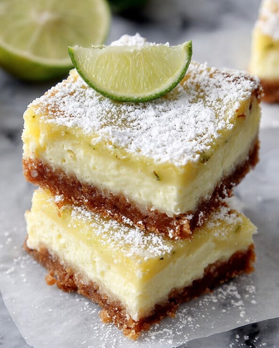 The image shows two stacked dessert squares with three layers each. The bottom and middle layers are a brown crumbly crust, while the thick middle layer is a creamy pale yellow filling. The top is dusted with white powdered sugar and a small wedge of lime is placed on the upper square. The squares are on a piece of parchment paper, all set on a white marbled surface. Photo taken with an iphone --ar 4:5 --v 7