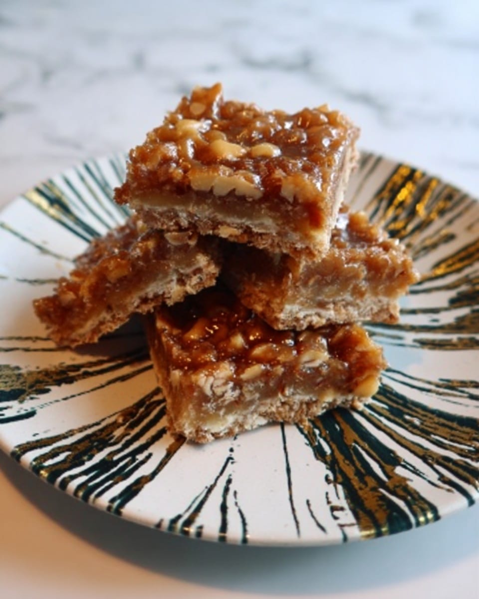 The image shows four square pieces of a nut and caramel bar stacked unevenly on a white plate with a black and gold abstract pattern. The bars have a rough texture with visible chunks of nuts and a glossy caramel coating on top. The bottom layer is denser and lighter in color, while the top layer is darker with sticky caramel and nut pieces. The plate sits on a white marbled surface and the lighting highlights the shine and texture of the caramel. photo taken with an iphone --ar 4:5 --v 7
