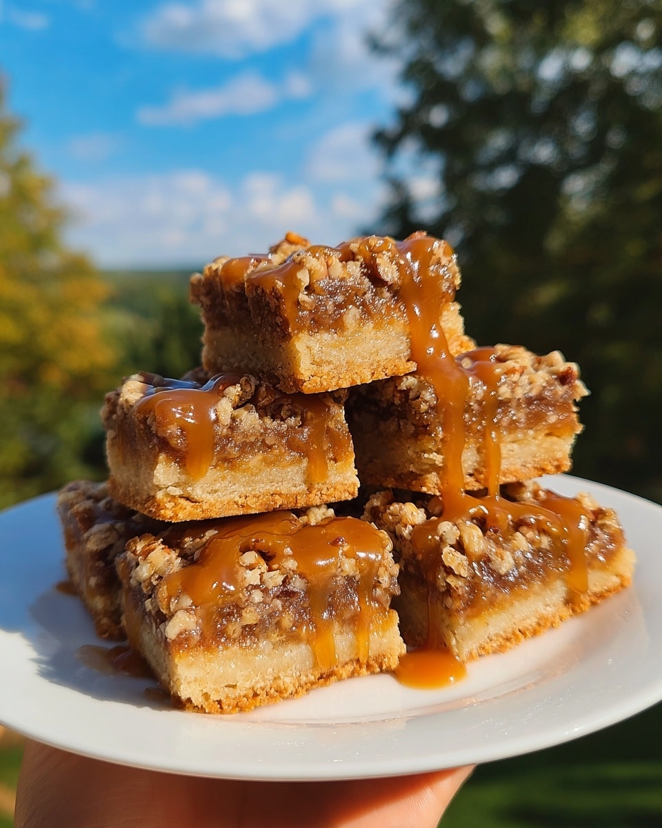 A stack of square dessert bars on a white plate held by a woman's hand, each bar showing two clear layers: the bottom layer is light golden and crunchy, while the top layer is a crumbly mixture of oats and nuts with a rich brown color that looks moist and sticky. A shiny caramel drizzle flows over the top and drips down the sides of the bars. The plate is set against a soft background of green trees and blue sky, and the photo is taken in natural light. photo taken with an iphone --ar 4:5 --v 7
