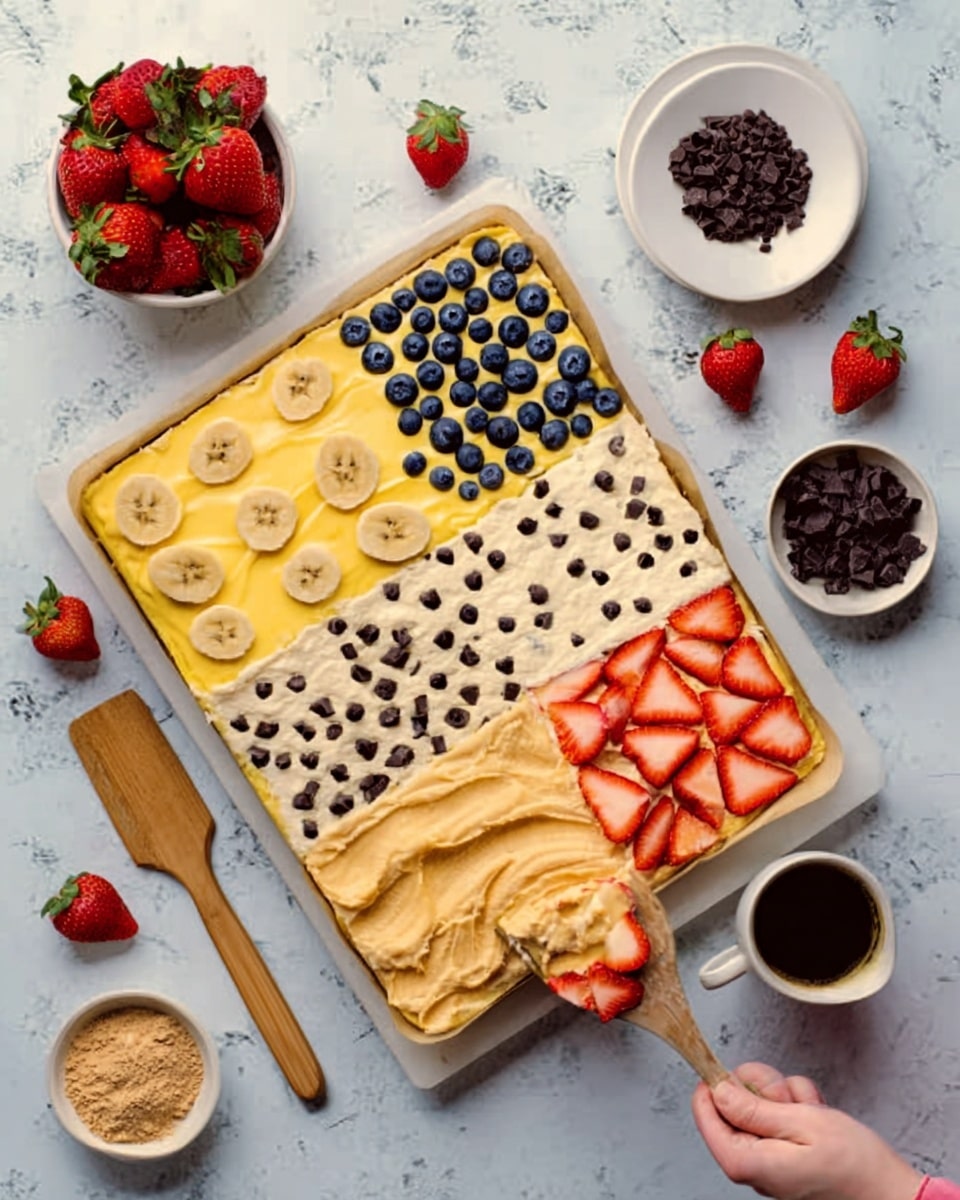 The image shows a rectangular dessert with four distinct sections on a white marbled surface. The top-left section has a smooth yellow layer decorated with banana slices arranged evenly across. The top-right section features a creamy white layer topped with scattered blueberries. The bottom-left section has a light brown base with small dark chocolate chips scattered around. The bottom-right section displays a light orange layer covered with neatly arranged strawberry slices. Around the dessert, there are strawberries, a cup of black coffee, a small white bowl with light brown powder, and a small white bowl with dark chocolate chips, with a woman's hand using a wooden spatula to serve a piece onto a white plate nearby. Photo taken with an iphone --ar 4:5 --v 7