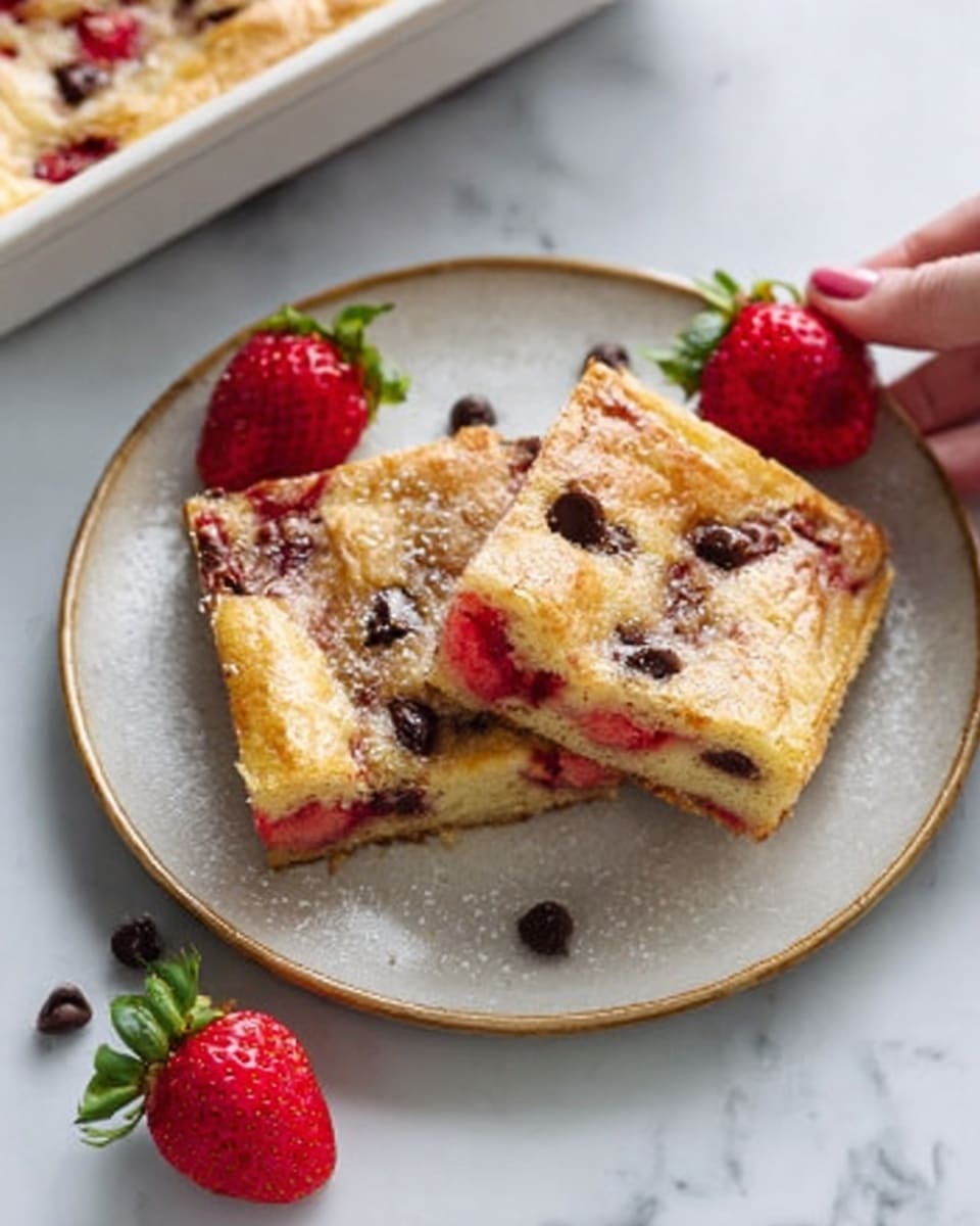Two square slices of a golden-brown strawberry chocolate chip dessert sit on a round white plate, showing a soft inside with red strawberry pieces and dark chocolate chips in the top and middle layers. The dessert has a shiny baked top crust with a slightly cracked texture. Around the plate, there are three fresh strawberries with green tops and some scattered chocolate chips. The plate is placed on a white marbled surface with a white baking dish partially visible in the background. A woman's hand is gently holding one slice at the corner. Photo taken with an iphone --ar 4:5 --v 7