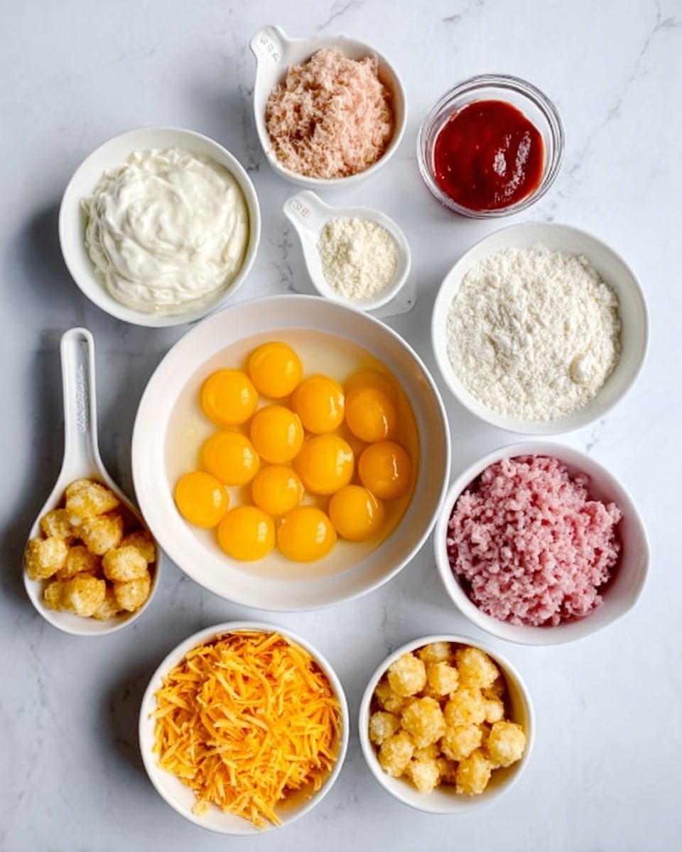 The image shows eight white bowls and measuring cups arranged on a white marbled surface. At the center, a large round white bowl filled with yellow egg yolks is surrounded by smaller bowls: one with creamy white sour cream, one with light brown flour, one with red sauce, one with white grated mozzarella cheese, one with pink minced meat, one with small golden-brown potato cubes, and one with shredded orange cheese. Each ingredient stands out clearly, showing smooth, creamy, chunky, and shredded textures in a neat layout. Photo taken with an iphone --ar 4:5 --v 7