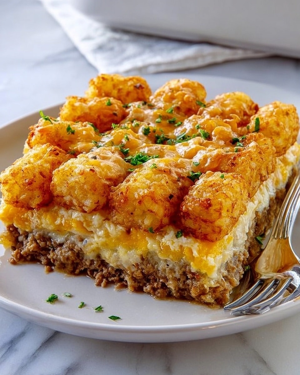 The image shows a square piece of layered casserole on a white plate set against a white marbled surface. The bottom layer is a brown, crumbly ground meat mixture, appearing moist and cooked. On top of this is a thin yellowish layer, likely a creamy or cheesy sauce. The top layer consists of golden-brown, crispy tater tot pieces arranged in a tight grid, with melted cheese and green herb sprinkles scattered across the surface. To the right of the plate, a silver fork rests gently on the edge. photo taken with an iphone --ar 4:5 --v 7