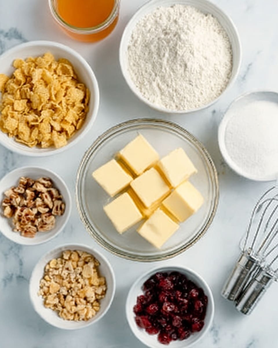 The image shows seven bowls arranged on a white marbled surface. In the center is a clear glass bowl filled with six cubes of pale yellow butter. Above and to the right, there is a white bowl holding fine white flour. Next to it is a smaller white bowl filled with granulated white sugar. To the left of the flour is another bowl with small golden chunks of cornflakes. Below the cornflakes, a small white bowl contains red dried cranberries. To the right of the cranberries, another white bowl holds small, light brown chopped nuts. In the top left corner of the image, a small part of a clear glass jar with orange liquid is visible. There is a metal hand mixer with two beaters at the bottom right corner. photo taken with an iphone --ar 4:5 --v 7