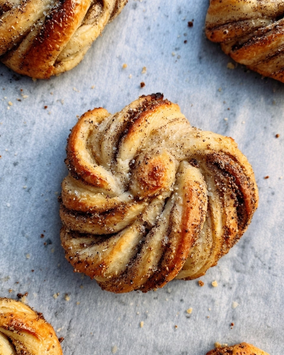 A single twisted pastry sits on light blue baking paper on a white marbled surface. The pastry has a golden brown color with specks of dark brown seeds or spices sprinkled generously on top. Its texture looks soft and fluffy with visible layers twisting around each other in a spiral pattern. Around the main pastry are edges of other similar pastries, slightly darker brown, indicating a fresh batch. The photo taken with an iphone --ar 4:5 --v 7