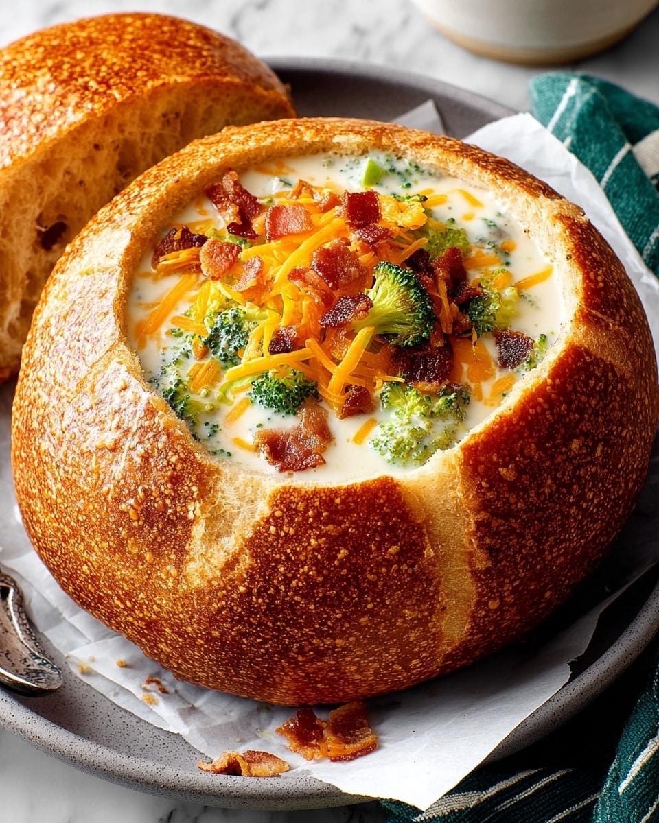 A round bread bowl with a golden brown, crispy crust forms the base, hollowed out to hold creamy white soup inside. The soup is topped with small green broccoli pieces, bright orange shredded cheese, and crispy brown bacon bits, with a few drops spilling slightly over the edge of the bread. The bowl sits on a gray tray lined with white paper, with the bread lid placed beside it showing a shiny, textured golden crust. The background features a white marbled surface with a green striped cloth partially visible. Photo taken with an iphone --ar 4:5 --v 7