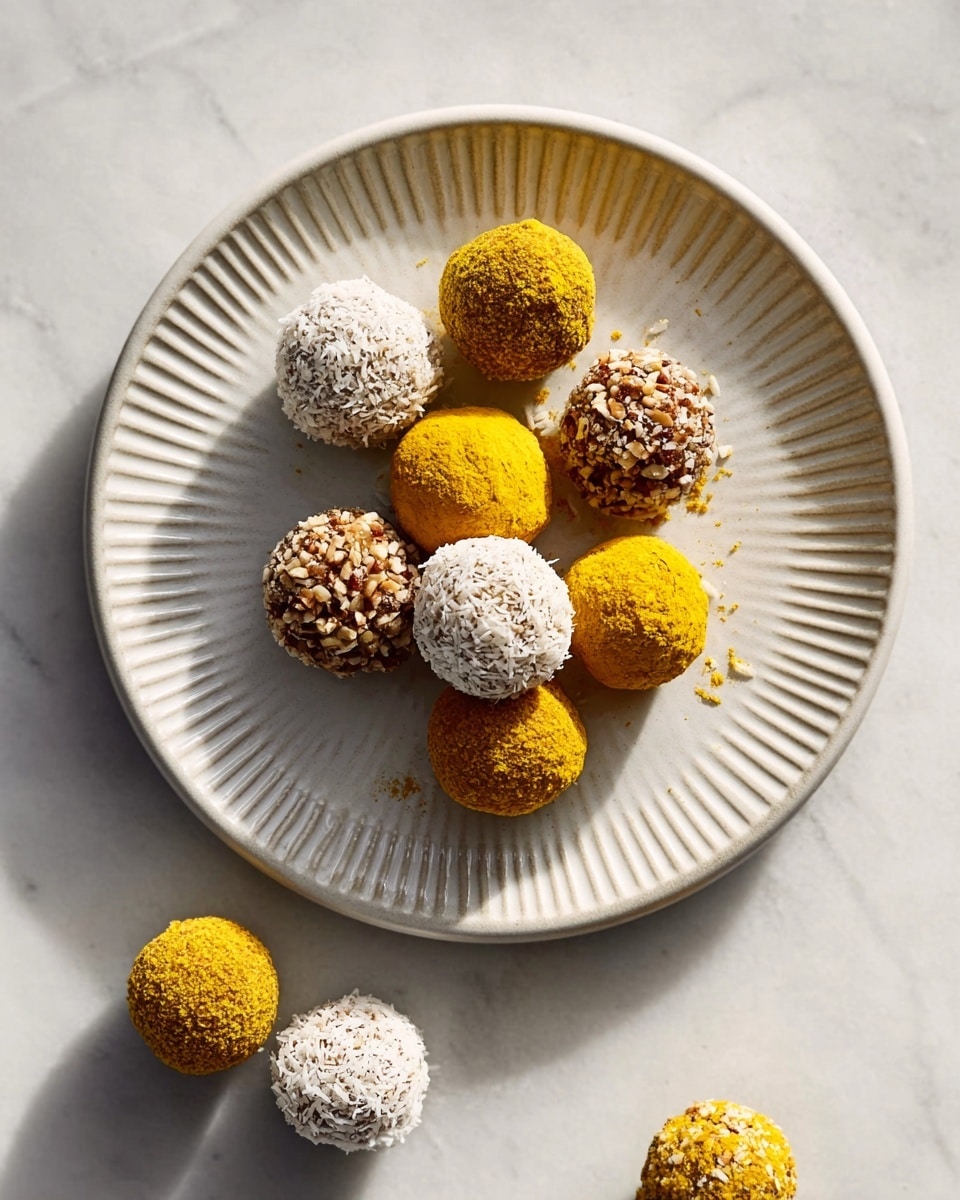 There is a white plate with a ridged edge resting on a white marbled surface. The plate holds several round balls arranged loosely; some are covered in a bright yellow powder, others are rolled in shredded coconut giving a white textured look, and a few are coated with small brown nut pieces that add a rough, crunchy texture. Outside the plate, on the marble surface, there are three more balls, one yellow and two white. The light creates soft shadows giving the balls a slightly shiny appearance. Photo taken with an iphone --ar 4:5 --v 7