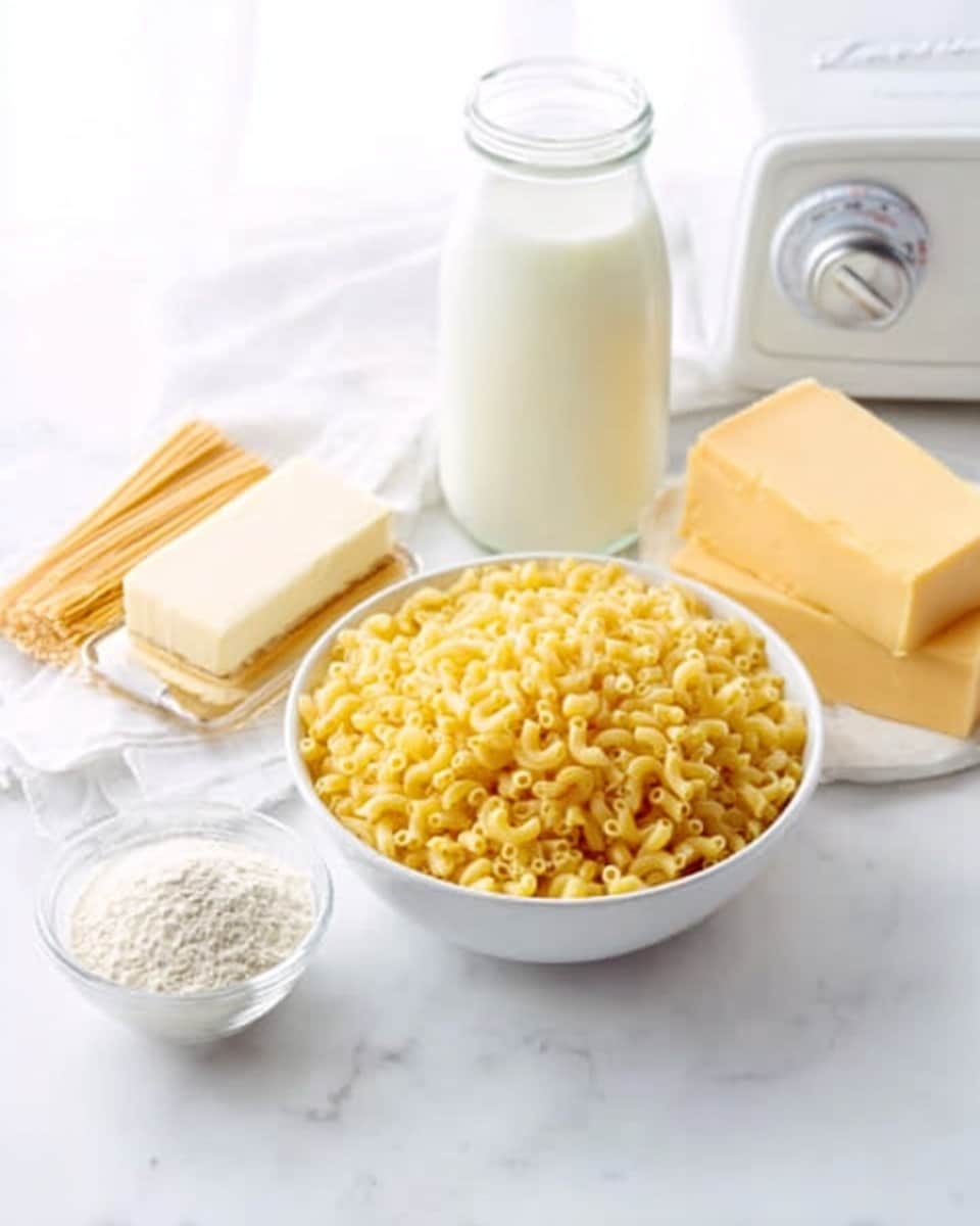 The image shows raw ingredients on a white marbled surface arranged neatly. There are two raw chicken pieces on white parchment paper at the right. At the center, a white bowl holds cooked brown pasta. Above the pasta, a small white bowl has red tomato sauce. To the right of the sauce, there is a glass of clear broth. To the left of the pasta, a wooden board holds two piles of shredded cheese, one lighter and one slightly darker. Below the pasta, a small white bowl contains beige breadcrumbs, next to it is a tiny white bowl with black pepper. Fresh green basil leaves and a glass container with yellow olive oil sit on the bottom left. On the top right, a small white bowl has minced garlic, beside a small bowl of salt. A woman’s hand is holding a clear glass container of olive oil near the bottom left corner. photo taken with an iphone --ar 4:5 --v 7