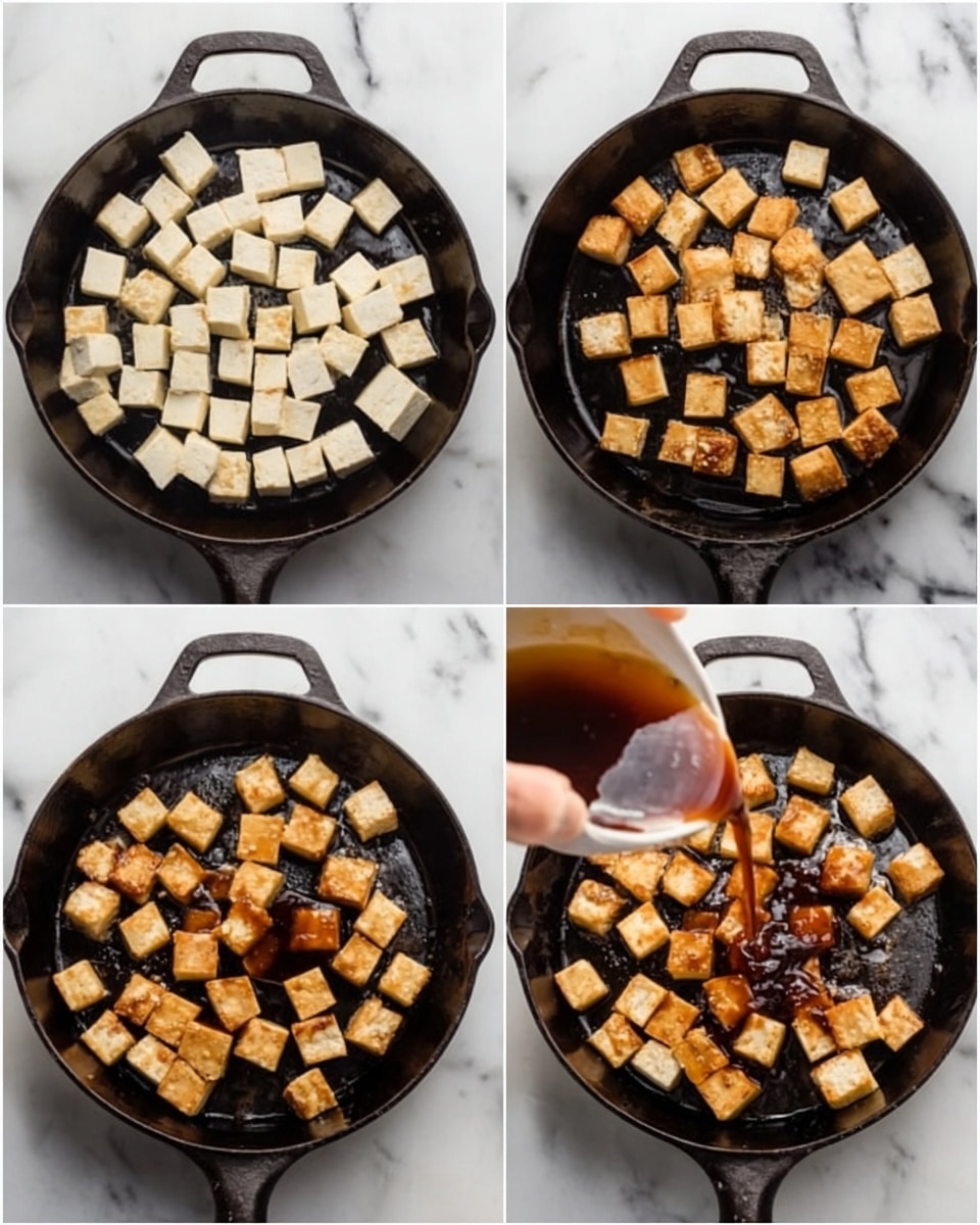 The image shows four steps of cooking tofu in a black cast iron pan placed on a white marbled surface. The first step has many white tofu cubes filling the pan evenly. The second step shows the tofu cubes beginning to turn golden brown on some sides, showing a crispy texture. In the third step, a woman's hand is pouring a dark brown sauce over the tofu cubes, which have started to develop more even golden edges. The fourth step displays the tofu cubes fully coated in the sauce, with a shiny and rich brown color and a slightly thickened sauce pooling around the cubes at the pan’s center. Photo taken with an iphone --ar 4:5 --v 7
