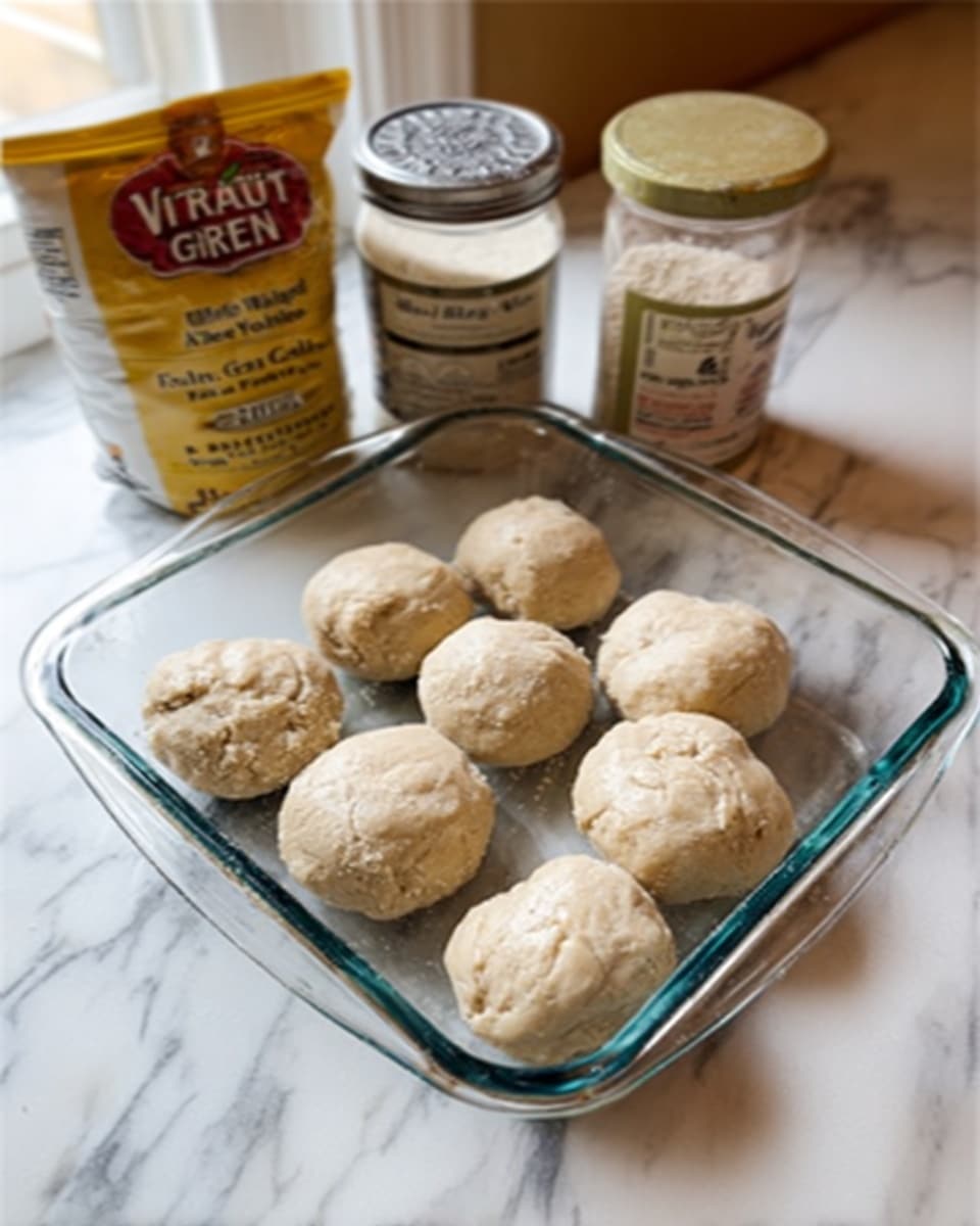 The image shows a square glass baking dish on a white marbled surface, filled with nine small dough balls evenly spread out. Behind the dish, there are three containers: a bag of vital wheat gluten, a small container of garlic powder, and a jar of Bragg nutritional yeast. The dough balls have a light beige color and a slightly rough texture. photo taken with an iphone --ar 4:5 --v 7