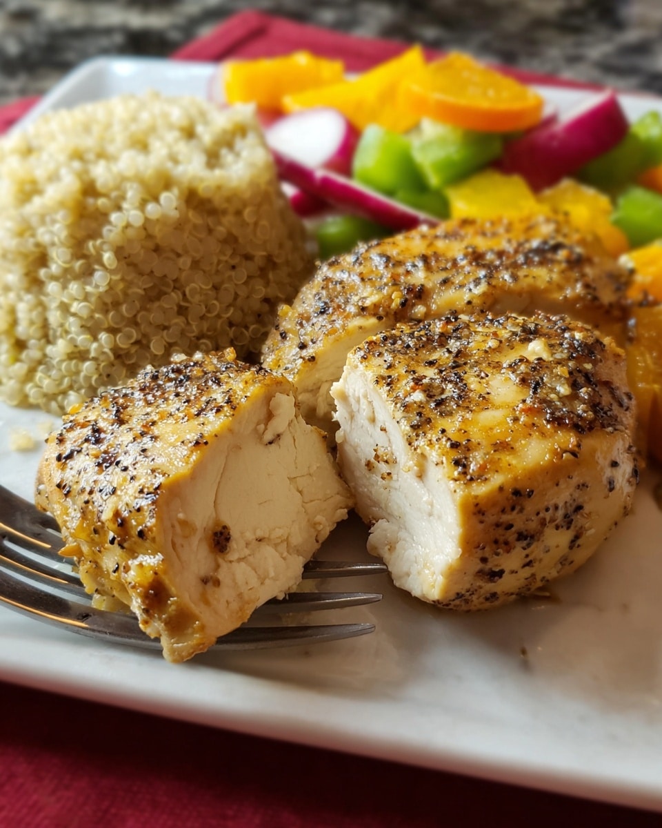 The dish shows two thick, round pieces of seasoned cooked chicken with a light golden brown color and black pepper sprinkled on top, one piece is being held by a fork and split open to reveal a moist, firm white inside. Behind the chicken, there is a fluffy mound of light beige quinoa with a grainy texture on the left side of the plate. At the back right, there are vibrant mixed vegetables including chopped green peppers and thinly sliced radishes in purple and yellow hues, along with small orange slices creating a colorful contrast. The food is served on a white plate that has a rectangular shape, placed on a white marbled surface. Photo taken with an iphone --ar 4:5 --v 7