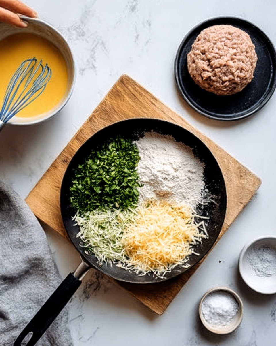 The image shows a black skillet on a wooden board placed on a white marbled surface. Inside the skillet, there are four separate piles of ingredients: chopped green herbs on the upper left, white flour on the upper right, shredded beige cheese on the lower left, and a small amount of a light yellow ingredient on the lower right. To the top left of the skillet, a woman's hand holds a bowl with a yellow mixture and a blue whisk inside. On the upper right side of the image, there is a black plate with a round ball of raw, light brown dough. A small white bowl with salt is placed to the bottom right of the skillet. photo taken with an iphone --ar 4:5 --v 7