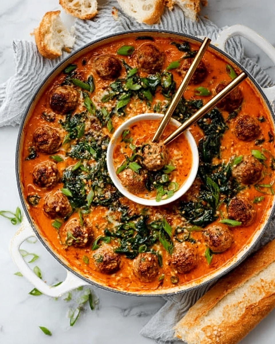 A white pan filled with multiple layers: the bottom layer is a thick, rich orange sauce with a smooth texture, topped with evenly spaced round meatballs that have a browned, slightly crispy surface. Scattered green spinach leaves are spread across the dish, adding bright color contrast. Small green onion slices are sprinkled on top, enhancing the fresh look. In the center of the pan, there is a white bowl with a similar sauce and two golden chopsticks resting on it. The scene is set on a white marbled surface with pieces of white bread and a woman's hand holding a piece, ready to dip. Photo taken with an iphone --ar 4:5 --v 7