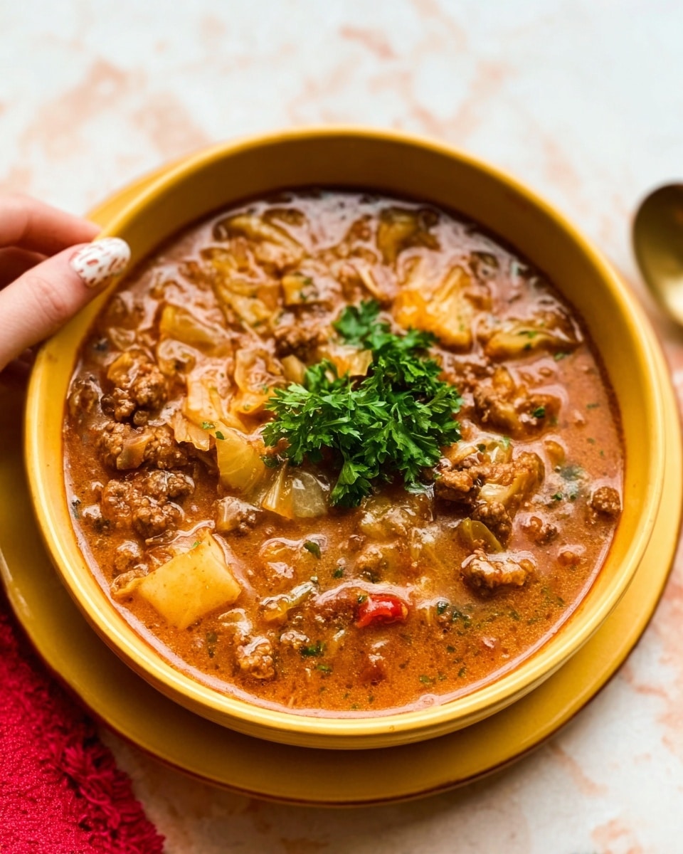 The image shows a yellow bowl filled with a thick, brown stew that has chunks of light beige cabbage and bits of ground meat mixed throughout. The stew looks rich with a slightly shiny surface and some small pieces of red pepper visible inside. On top of the stew, a small bunch of bright green fresh parsley adds a touch of color. The bowl sits on a white marbled surface, and a woman's hand with natural nails is reaching towards the bowl from the top left corner. Photo taken with an iphone --ar 4:5 --v 7
