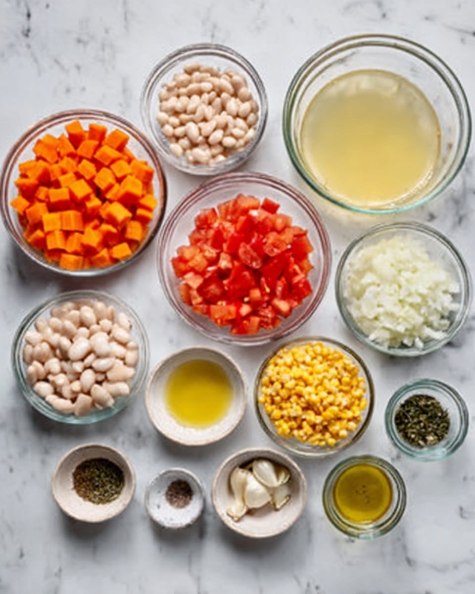 The image shows a white marbled surface with several small clear bowls arranged neatly. There are four deeper bowls with diced orange carrots, whole dry white beans, chopped white onions, and chopped red tomatoes, each placed separately. Smaller glass bowls hold yellow corn, crushed garlic cloves, and pale yellow liquid (likely oil), along with bowls containing various spices such as black pepper, dried herbs, and salt. A larger clear glass bowl filled with light yellow broth sits at the top right corner. The ingredients are laid out clearly and softly lit, showing their textures and colors vividly, photo taken with an iphone --ar 4:5 --v 7