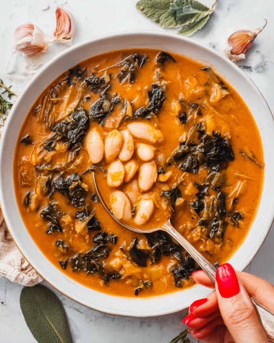 The image shows a white bowl filled with a thick, orange-brown soup. On top, there are dark green leafy pieces and several large white beans scattered in the center. A spoon is dipped into the soup, held by a woman's hand with red nail polish. The bowl sits on a white marbled surface, and around the bowl, there are small garlic cloves and some green leaves. photo taken with an iphone --ar 4:5 --v 7