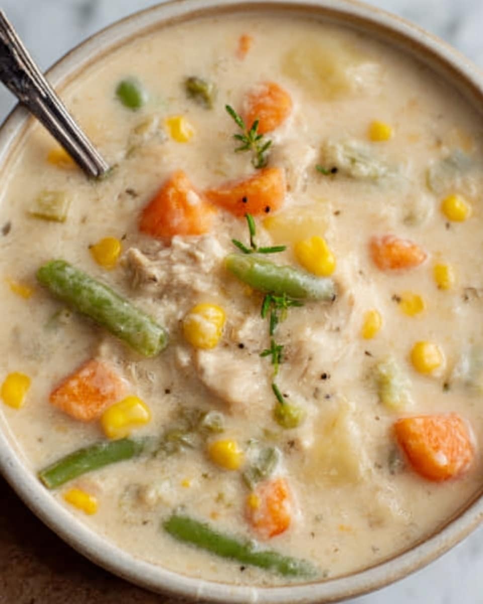 The image shows a close-up of creamy chicken and vegetable soup in a white bowl. The soup has a thick, smooth texture with visible pieces of orange carrots, yellow corn, green beans, and small chunks of white chicken spread evenly throughout. A silver spoon is partially dipped into the soup, resting on the side of the bowl. The bowl sits on a white marbled surface. photo taken with an iphone --ar 4:5 --v 7