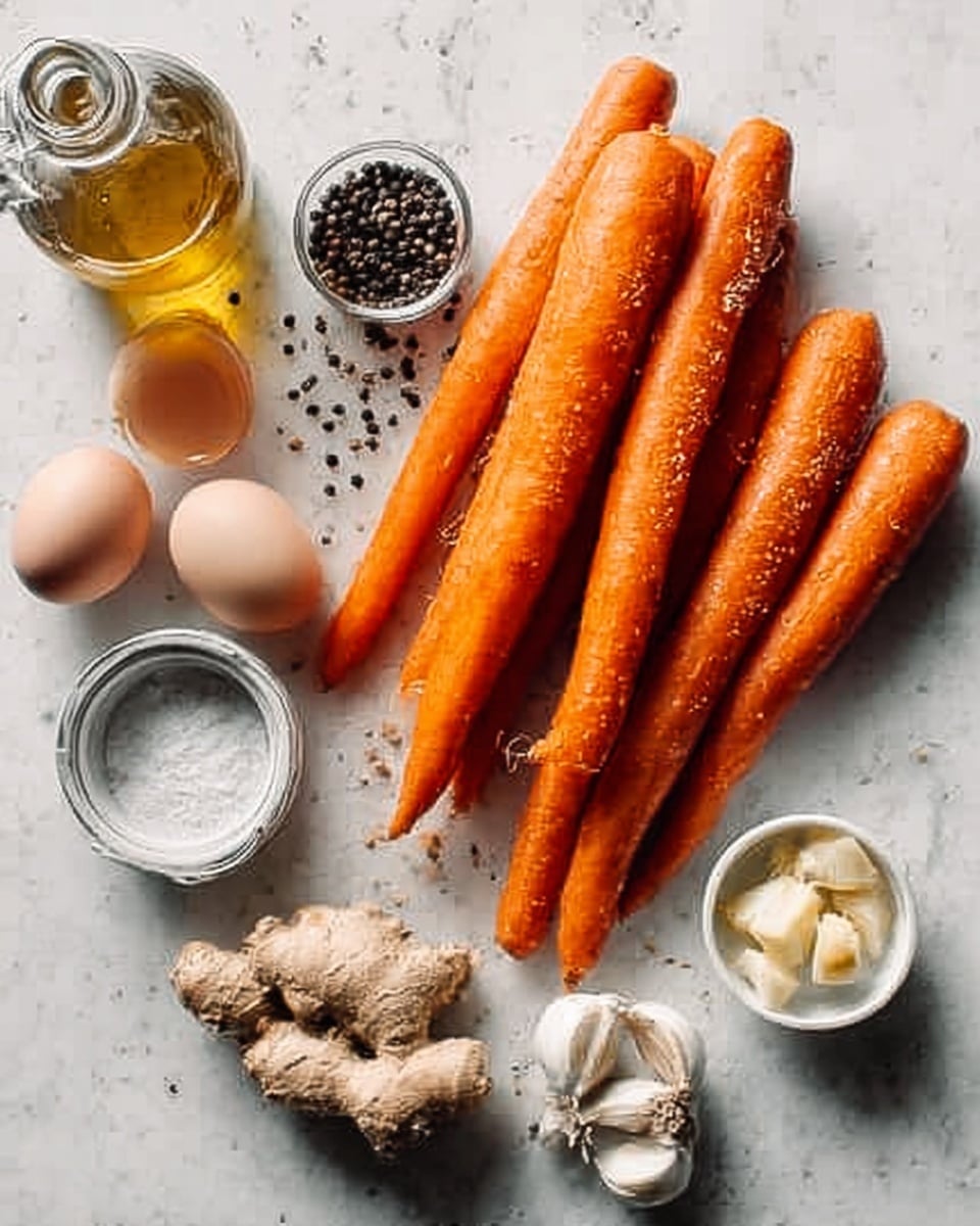 The image shows a white marbled surface with several fresh carrots placed in the center. Around the carrots, there are small white bowls and containers holding ingredients like cracked eggs, a clear liquid, black and white peppercorns, garlic cloves, and chunks of ginger. A clear glass bottle with olive oil is also visible on the left side. The carrots are bright orange with a smooth texture, arranged in a loose pile. The overall colors are natural and warm, with an emphasis on the fresh vegetables and spices. Photo taken with an iphone --ar 4:5 --v 7