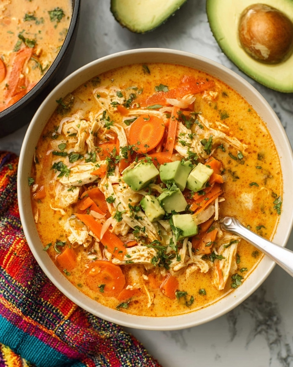 A white bowl filled with creamy orange soup, layered with chunks of light beige chicken, thinly sliced bright orange carrots, and garnished with small green avocado pieces and chopped green herbs on top. A white spoon rests inside the bowl, and to the side, there is a halved avocado and part of a colorful cloth visible. The bowl sits on a white marbled surface. Photo taken with an iphone --ar 4:5 --v 7