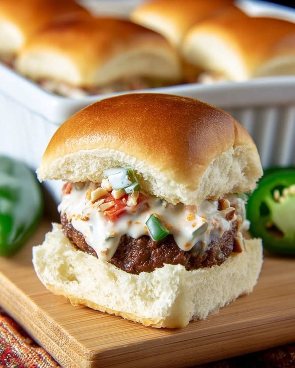 A small sandwich with a soft shiny golden brown bun on top, covered lightly with bits of chopped nuts. Under the top bun, there is creamy white sauce with green chopped pieces mixed in and small red tomato pieces. Below the sauce is a thick, dark brown round cooked patty. The bottom bun is fluffy and white with a bit of sauce on it. The sandwich rests on a light wooden surface, with more similar sandwiches blurred in the background inside a white baking dish, and some green jalapeños on the sides. Photo taken with an iphone --ar 4:5 --v 7