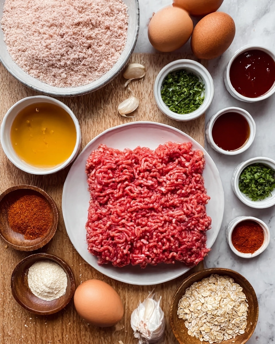 The image shows two types of raw ground meat placed side by side on a white plate; the top layer is light pink and coarse, while the bottom layer is red and finely textured. Around the plate are various ingredients arranged neatly on a wooden surface: two brown eggs near a bowl of white breadcrumbs, small white bowls containing chopped green herbs, a dark red sauce, and a bright red powder or seasoning. Small wooden bowls hold different spices and crushed garlic, along with a bulb of garlic, a small bowl of honey-colored liquid, and some flakes that look like oats or seeds. The whole scene is set on a white marbled surface. photo taken with an iphone --ar 4:5 --v 7