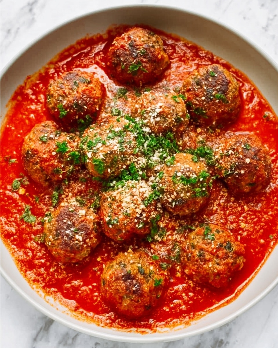 A white bowl filled with bright red tomato sauce, topped with several round meatballs evenly spread over the sauce. The meatballs have a lightly browned texture with a sprinkle of green herbs and light beige grated cheese on top. The background has a clean white marble texture. photo taken with an iphone --ar 4:5 --v 7