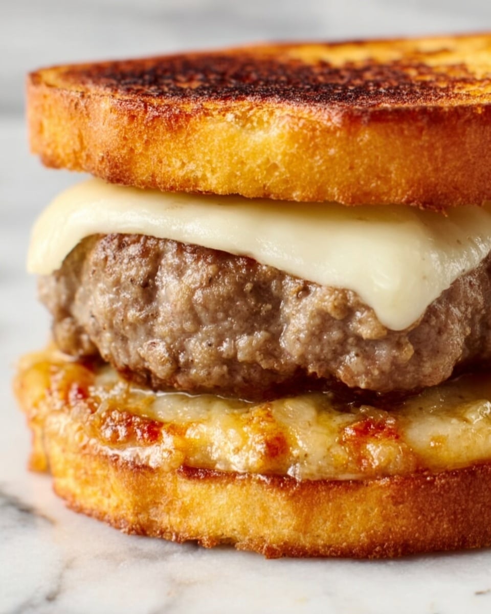 The image shows a large burger with several layers on a white marbled surface. The bottom layer is a white bun with thick French fries standing upright on it. Above the fries, there is a layer of red sauce spread evenly. Then comes a thick beef patty topped with melted white cheese. Above the cheese, there are several strips of crispy bacon. The top bun is golden brown with melted cheese and round slices of pepperoni evenly spread across it, giving it a bubbly texture. The whole burger looks juicy and stacked high. Photo taken with an iphone --ar 4:5 --v 7