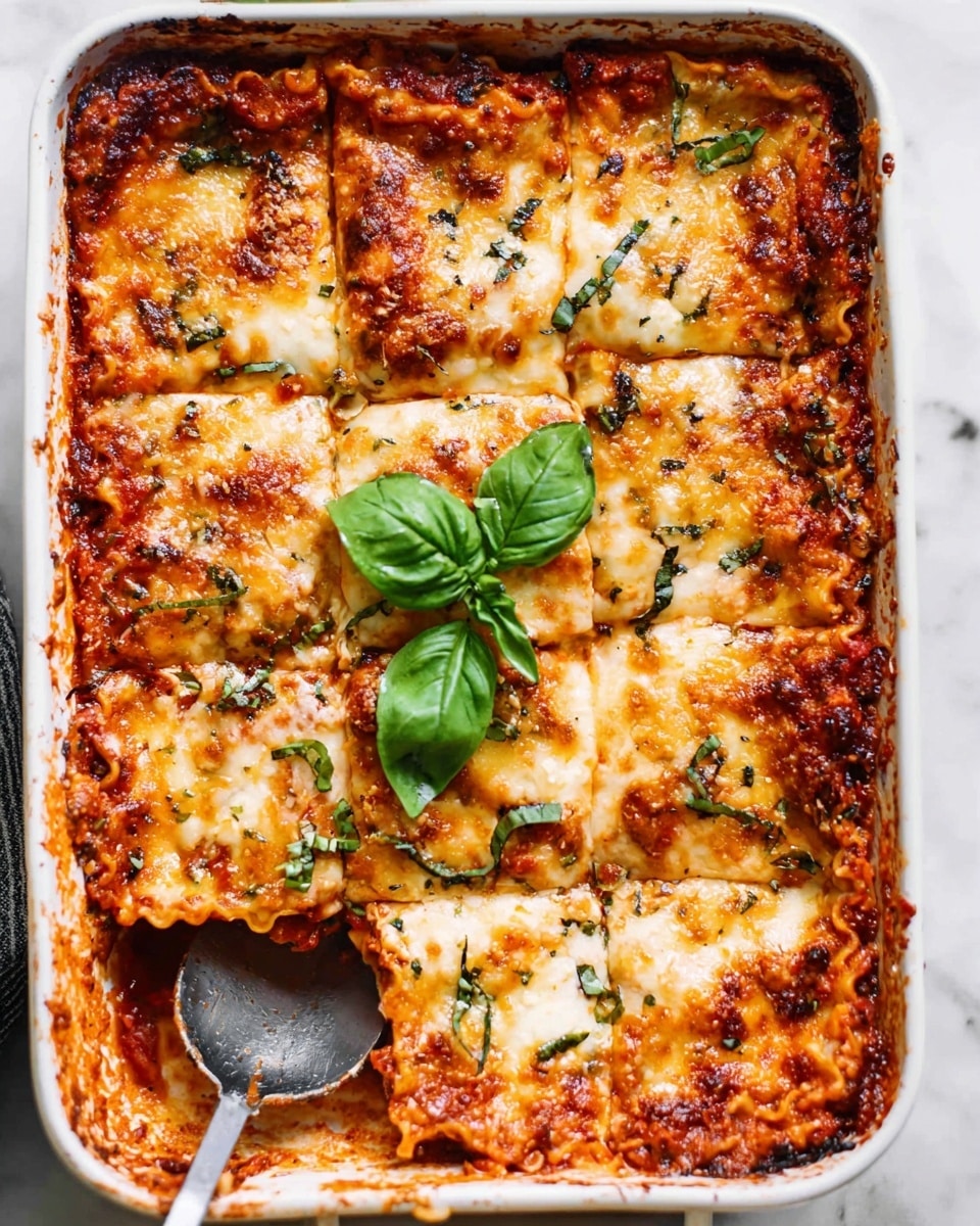 The image shows a white rectangular baking dish filled with a baked lasagna, cut into six pieces. The top layer is golden brown and bubbly melted cheese with hints of herbs sprinkled on top. Fresh green basil leaves are placed in the center for decoration. The edges of the cheese are slightly browned, and you can see the layers of sauce and pasta peeking through at the sides. A large silver spoon is placed inside the dish on the bottom left corner, partially under one of the pieces. The dish sits on a white marbled surface. Photo taken with an iphone --ar 4:5 --v 7