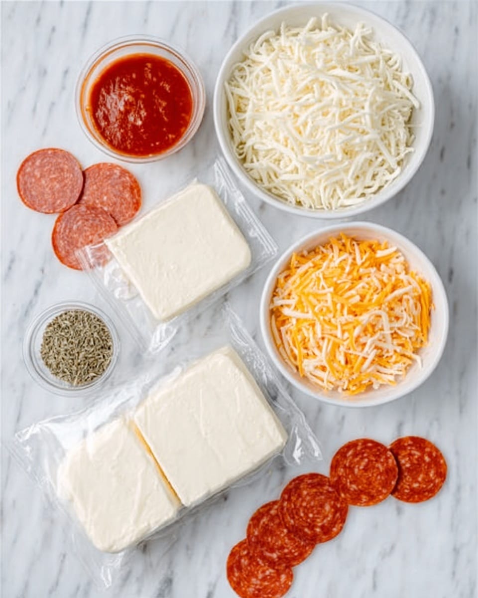 The image shows ingredients for a pizza recipe arranged neatly on a white marbled surface. There is a white bowl filled with shredded cheddar cheese, a white bowl with shredded mozzarella cheese, and two rectangular blocks of cream cheese wrapped in plastic placed side by side. A small clear container holds red tomato sauce, and there is a small pile of dried herbs next to it. Several round slices of pepperoni are scattered around the ingredients. The colors include bright red from the sauce and pepperoni, creamy white from the cheese blocks, and vibrant orange from the shredded cheddar cheese. Photo taken with an iphone --ar 4:5 --v 7