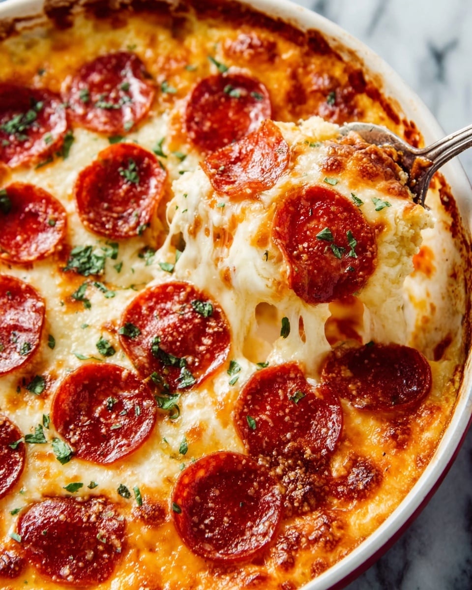 The image shows a baked pizza with a golden-brown melted cheese layer on the top. On this cheese layer, there are many round, reddish-brown pepperoni slices evenly spread out. The cheese looks soft and stretchy, with some browned spots showing it is cooked well. Fresh green herbs are sprinkled lightly over the pizza, adding color contrast. A spoon is lifting a cheesy slice from the pizza, showing melted cheese stretching between the slice and the remaining pizza. The pizza is in a white bowl, placed on a white marbled surface. Photo taken with an iphone --ar 4:5 --v 7