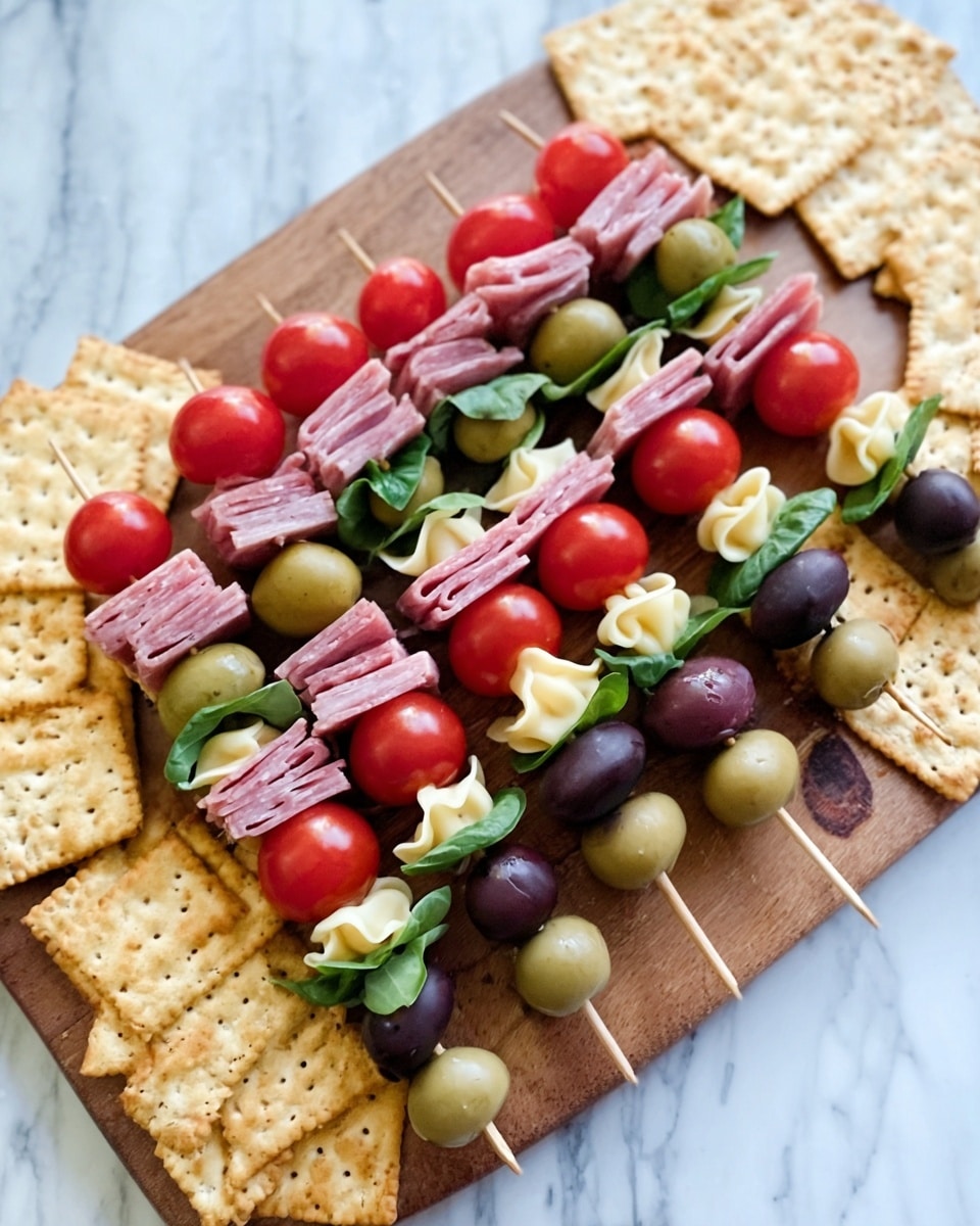 The image shows several skewers laid out on a wooden board. Each skewer is made with layers of colorful ingredients: first, small round red cherry tomatoes, then green olives, followed by tortellini pasta, pieces of folded pink deli meat, and small dark purple olives. The skewers are arranged in a neat row on the board, which also has some square crackers spread around the edges. The background is a white marbled surface. photo taken with an iphone --ar 4:5 --v 7
