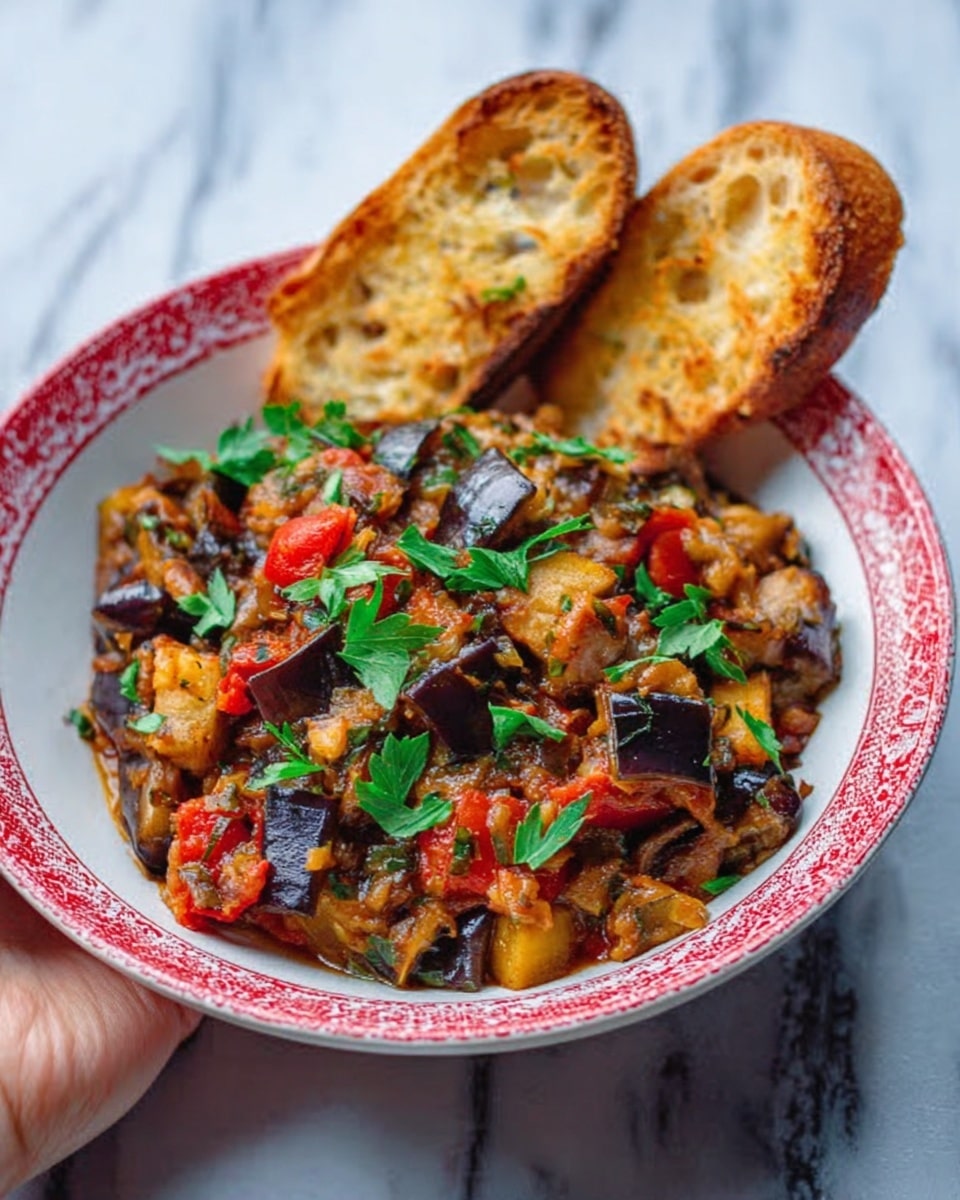 The image shows a white pan filled with a rich mix of cooked ground meat, diced red tomatoes, small green herbs, and sliced dark mushrooms. A wooden spoon is inside the pan, stirring the mixture. The colors range from dark brown meat to bright red tomato pieces, with fresh green leaves scattered on top. The surface beneath the pan has a white marbled texture. Photo taken with an iphone --ar 4:5 --v 7