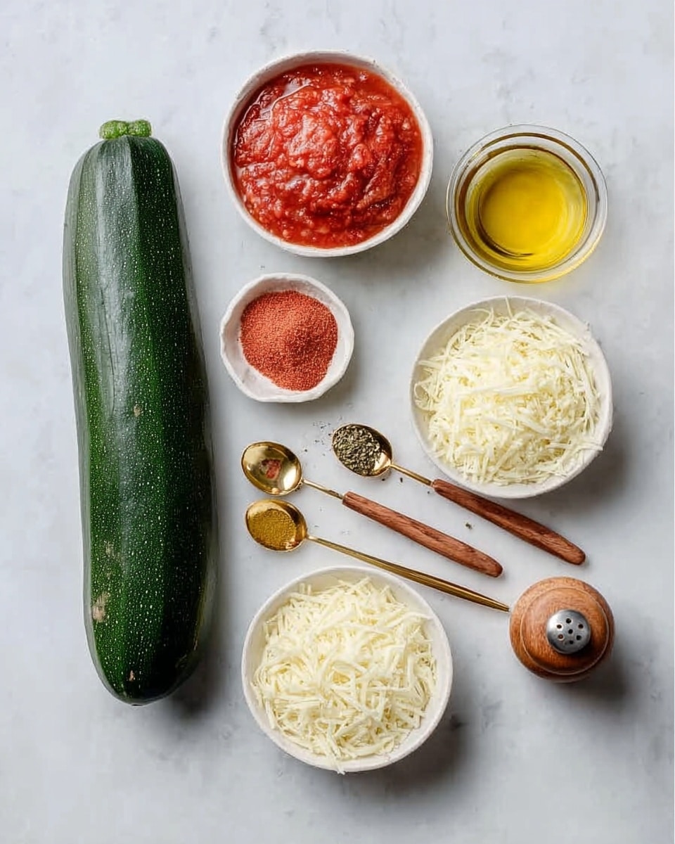 A white marbled surface holds the ingredients for a dish, arranged neatly. On the left, a large green zucchini with a smooth, dark green skin lies horizontally. To the right are white bowls and spoons: a small white bowl with a red powder spice, a larger white bowl filled with red tomato sauce, and a white bowl containing shredded white cheese. Next to these are three wooden spoons with gold heads, each holding different spices – one with a yellow powder, one with a finely ground reddish spice, and one with a mix of dried herbs. A small clear glass container filled with golden olive oil sits near the top right, alongside a small wooden salt shaker. The overall scene is bright and clean, showing fresh, colorful ingredients and tools ready for cooking. photo taken with an iphone --ar 4:5 --v 7