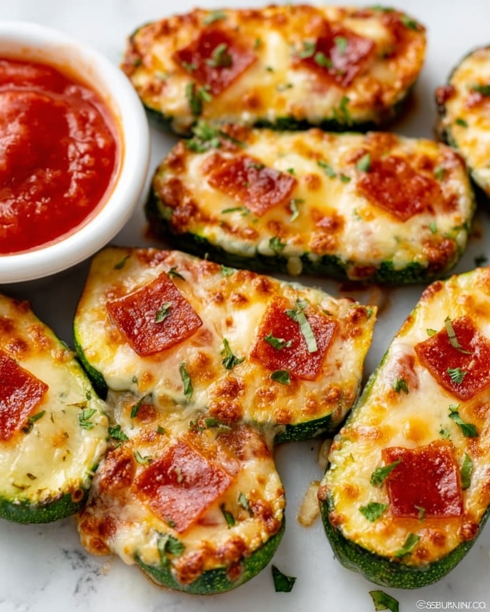 The image shows several slices of zucchini topped with melted golden cheese and small crispy pieces of pepperoni, sprinkled with chopped green herbs on top. Each zucchini slice is thick and green on the outside, with the cheese layer covering the entire top surface, melting down the sides slightly, and the pepperoni pieces sitting on top of the cheese. There is a white bowl filled with red tomato sauce on the side. All the food items are placed on a white marbled surface. photo taken with an iphone --ar 4:5 --v 7