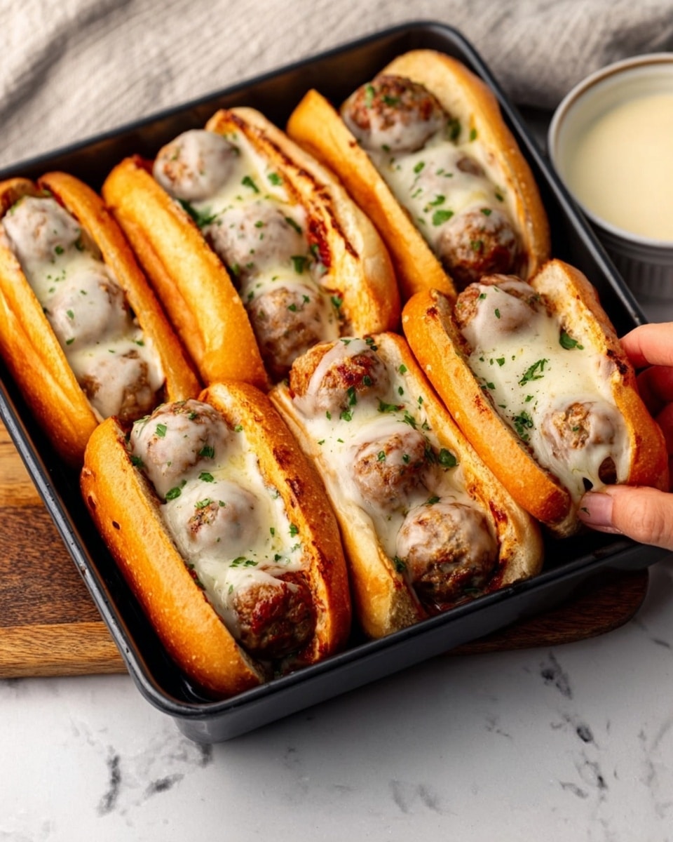 The image shows four white hot dog buns filled with round meatballs layered inside. Each bun is topped with smooth melted cheese covering the meatballs and sprinkled with small chopped green herbs. The buns are placed in a black tray with a white marbled surface underneath. A woman's hand is about to grab one meatball from a bun, and there is a white cup with a creamy sauce on the side. The photo taken with an iphone --ar 4:5 --v 7