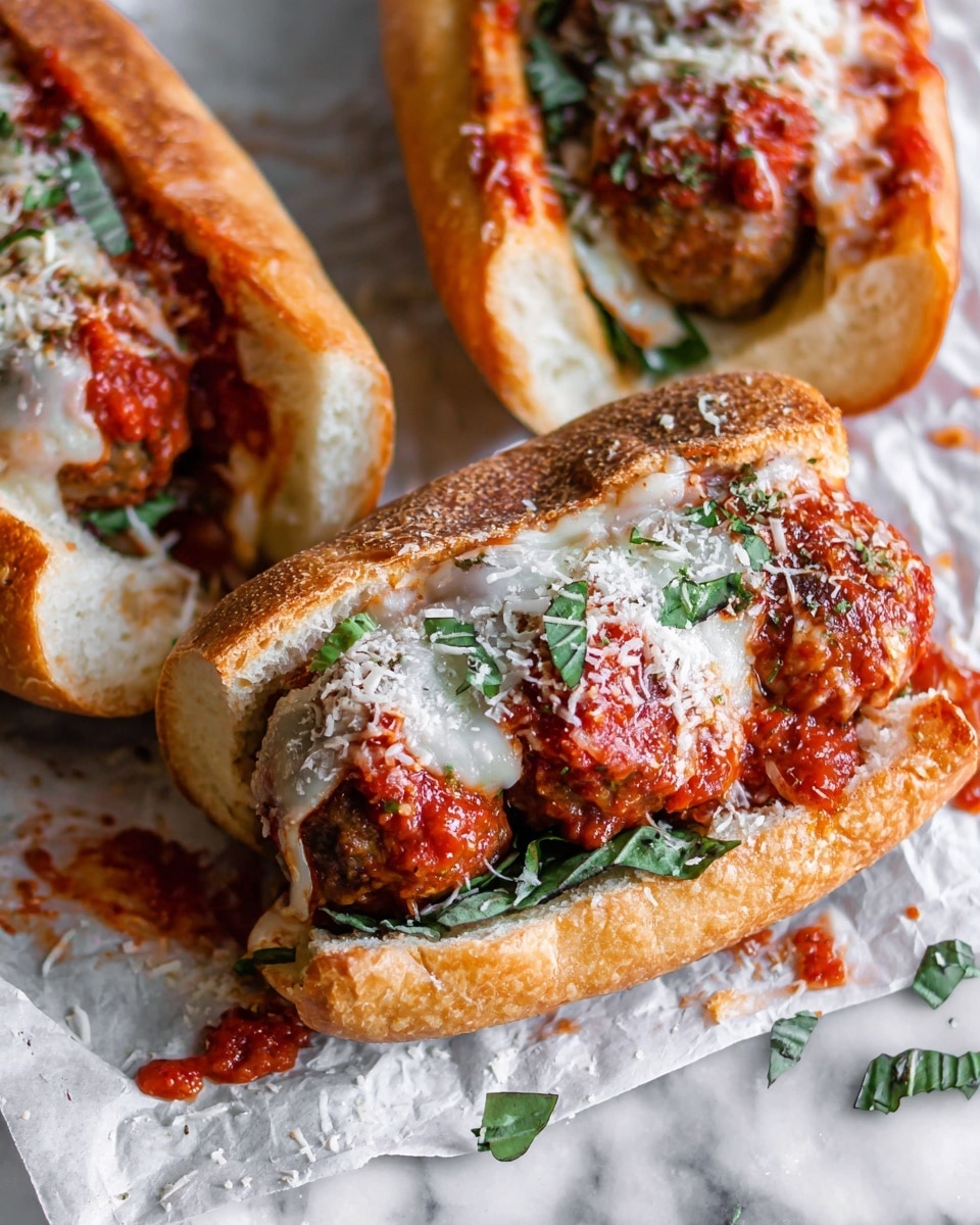 This image shows three meatball sandwiches on white parchment paper, placed on a white marbled surface. Each sandwich has a golden brown toasted bun, sliced open and filled with a base layer of green basil leaves, topped with large meatballs covered in thick, chunky red tomato sauce. Over the sauce, there is a melted layer of white mozzarella cheese sprinkled with grated Parmesan and finely chopped green herbs. Around the sandwiches, there are some scattered tomato sauce spots and bits of herbs. Photo taken with an iphone --ar 4:5 --v 7