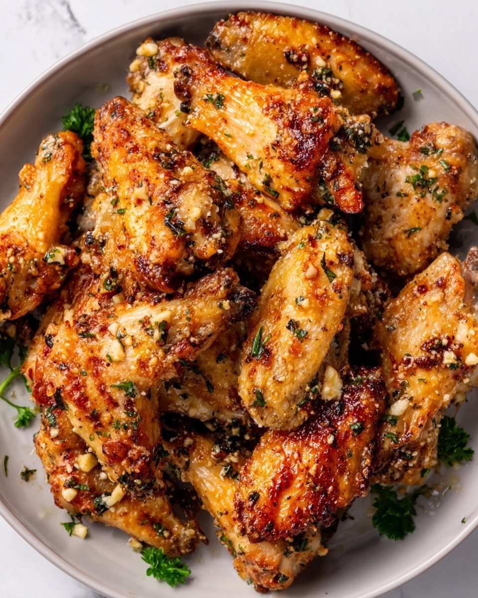 The image shows a round white dish filled with several pieces of golden-brown roasted chicken wings, each piece covered with a crispy texture and small bits of garlic and herbs sprinkled on top. The chicken wings have a shiny glaze that highlights their cooked surface, with some green parsley leaves scattered around for color contrast. The dish set on a white marbled background creates a clean look, focusing on the warm and appetizing colors of the chicken wings. Photo taken with an iphone --ar 4:5 --v 7
