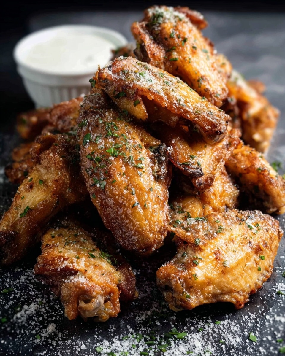 A pile of cooked chicken wings with crispy brown skin is stacked on a dark surface with a sprinkle of green herbs and white salt on top, next to a small white bowl of creamy white sauce. The texture of the wings looks crunchy and slightly oily. The background is a white marbled texture. Photo taken with an iphone --ar 4:5 --v 7