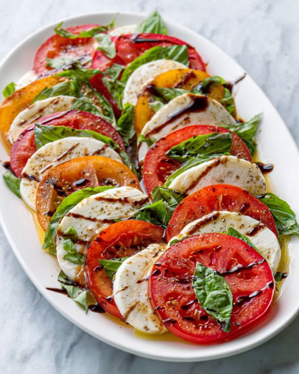 A white oval plate holds a colorful caprese salad with multiple layers of alternating round slices of bright red tomatoes and creamy white mozzarella cheese. Fresh green basil leaves are placed between some of the slices, adding a pop of color. The dish is drizzled with a dark balsamic glaze and a light layer of olive oil, giving a shiny finish. The white marbled surface beneath the plate creates a clean, elegant look. Photo taken with an iphone --ar 4:5 --v 7