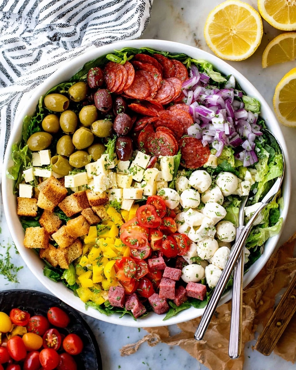 A large white bowl sits on a white marbled surface filled with a colorful layered salad. The bottom layer is fresh dark green leafy lettuce. On top of the lettuce, arranged in neat sections, are small sliced pepperoni rounds, cubes of light yellow cheese, whole green olives, halved bright red cherry tomatoes, chopped salami squares, creamy white mozzarella balls, diced artichoke hearts, sliced red onions, chopped yellow peppers, black olives, and golden brown croutons. The ingredients are sprinkled with chopped herbs, and a pair of silver serving tongs rest inside the bowl. Nearby on the surface are lemon halves, a small black plate with cherry tomatoes, and part of a striped cloth. Photo taken with an iphone --ar 4:5 --v 7