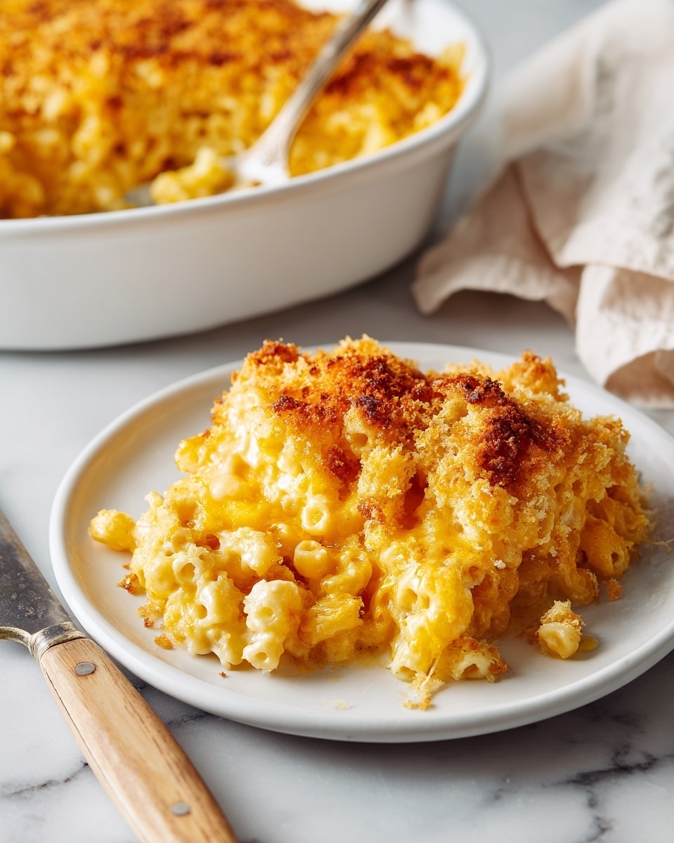 A white plate holds a serving of baked macaroni and cheese topped with a golden brown crispy layer with crunchy texture, with some bubbly creamy pasta underneath. The plate is set on a white marbled textured surface alongside a knife with a light wooden handle and metallic blade, and a white oval baking dish filled with more of the same macaroni and cheese with a thick golden crispy top. The colors are warm and inviting, mostly yellow and orange tones from the cheese, with the pasta shape clearly visible. Photo taken with an iphone --ar 4:5 --v 7