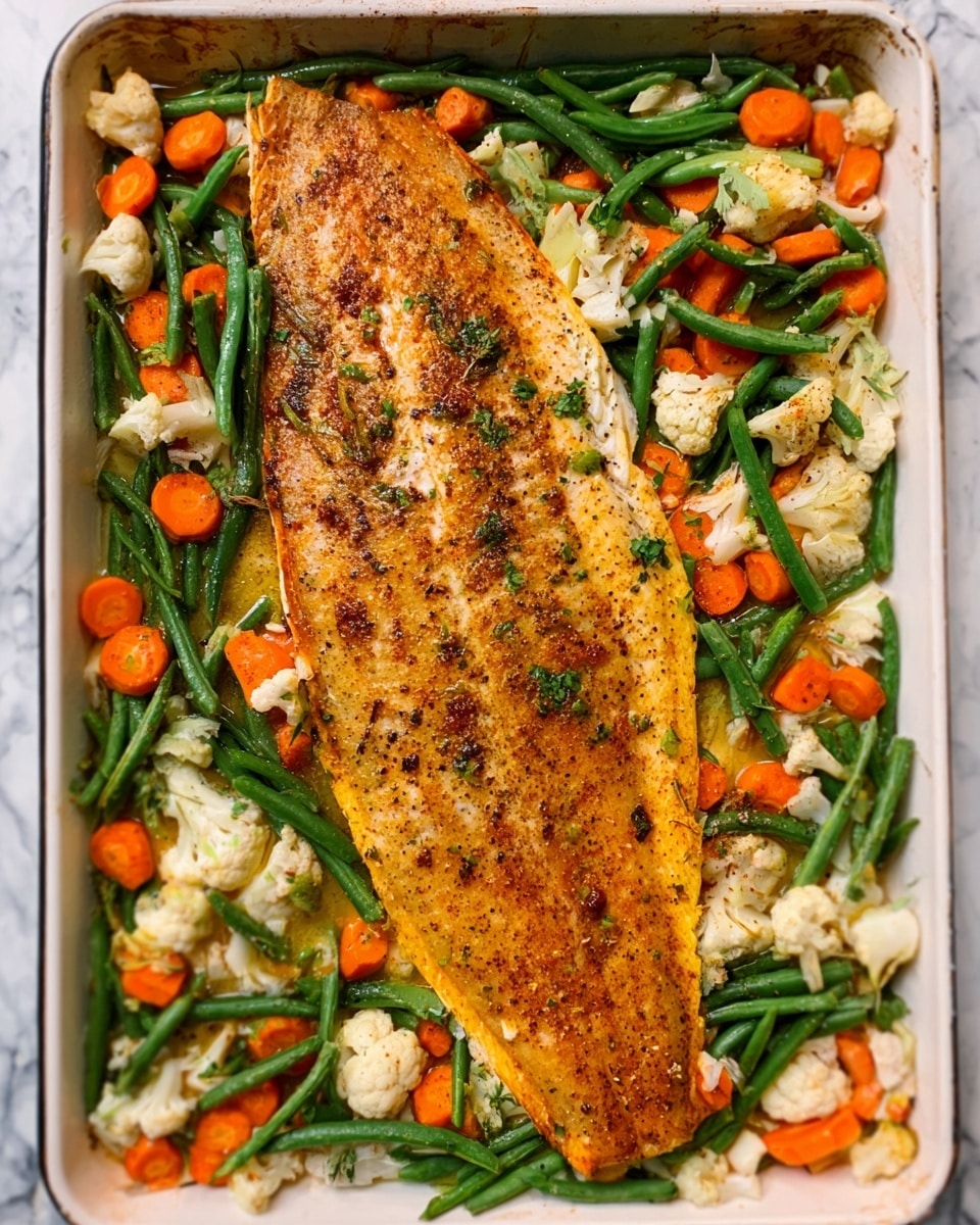The image shows a large, golden brown cooked fish fillet that covers most of a white baking tray. Around the fish are layers of cooked green beans, round orange carrot slices, and small cauliflower pieces, all mixed together. The fish has a slightly crispy texture on the top with some seasoning visible. The vegetables are soft and vibrant, creating a colorful border around the fish. The whole tray rests on a white marbled surface. Photo taken with an iphone --ar 4:5 --v 7