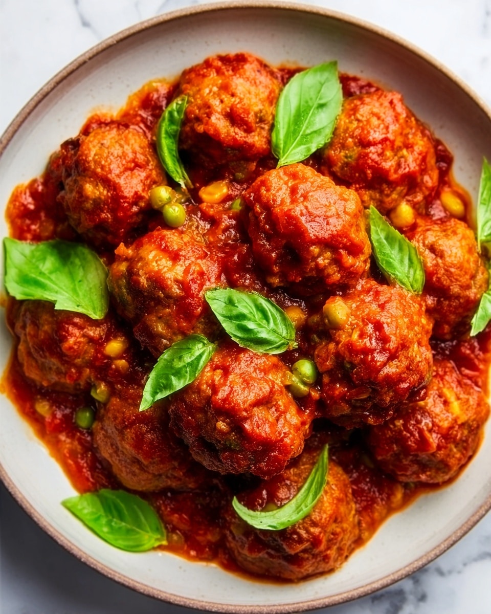 The image shows a white plate full of round, golden-brown meatballs covered in a thick red sauce with bits of corn mixed in. Bright green basil leaves are scattered on top of the meatballs, adding fresh color contrast. The sauce looks shiny and smooth, and the meatballs have a slightly rough texture. The plate sits on a white marble surface, making the vibrant colors of the food stand out clearly. Photo taken with an iphone --ar 4:5 --v 7