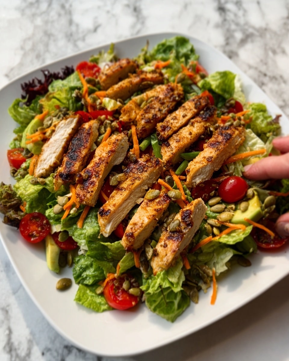 The image shows a white square plate with a fresh salad topped with grilled chicken slices. The salad has several layers: a base layer of green lettuce leaves mixed with small cherry tomatoes and red bell pepper strips, scattered pumpkin seeds, and fine shreds of orange carrot. On top of this colorful bed of veggies, there are evenly spaced, golden-brown grilled chicken strips with visible grill marks. The plate is set on a white marbled surface, and a woman's hand is reaching toward the salad, adding a sense of interaction. photo taken with an iphone --ar 4:5 --v 7