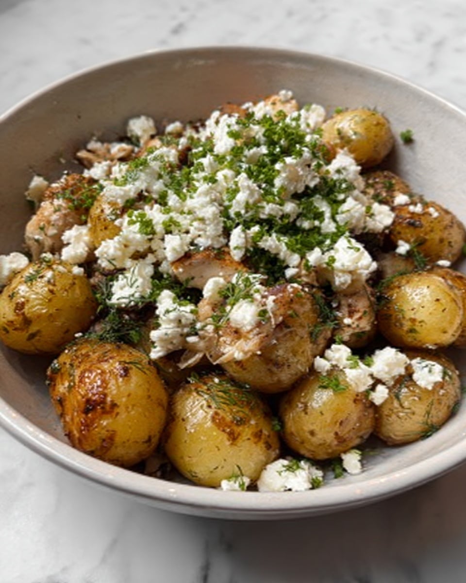 A white bowl holds several golden brown cooked potatoes with a slightly crispy texture, mixed with pieces of cooked chicken in light brown tones. The dish is topped with crumbled white cheese scattered unevenly over the potatoes and chicken. Bright green chopped herbs are sprinkled on top, adding color contrast. The bowl sits on a white marbled surface. Photo taken with an iphone --ar 4:5 --v 7