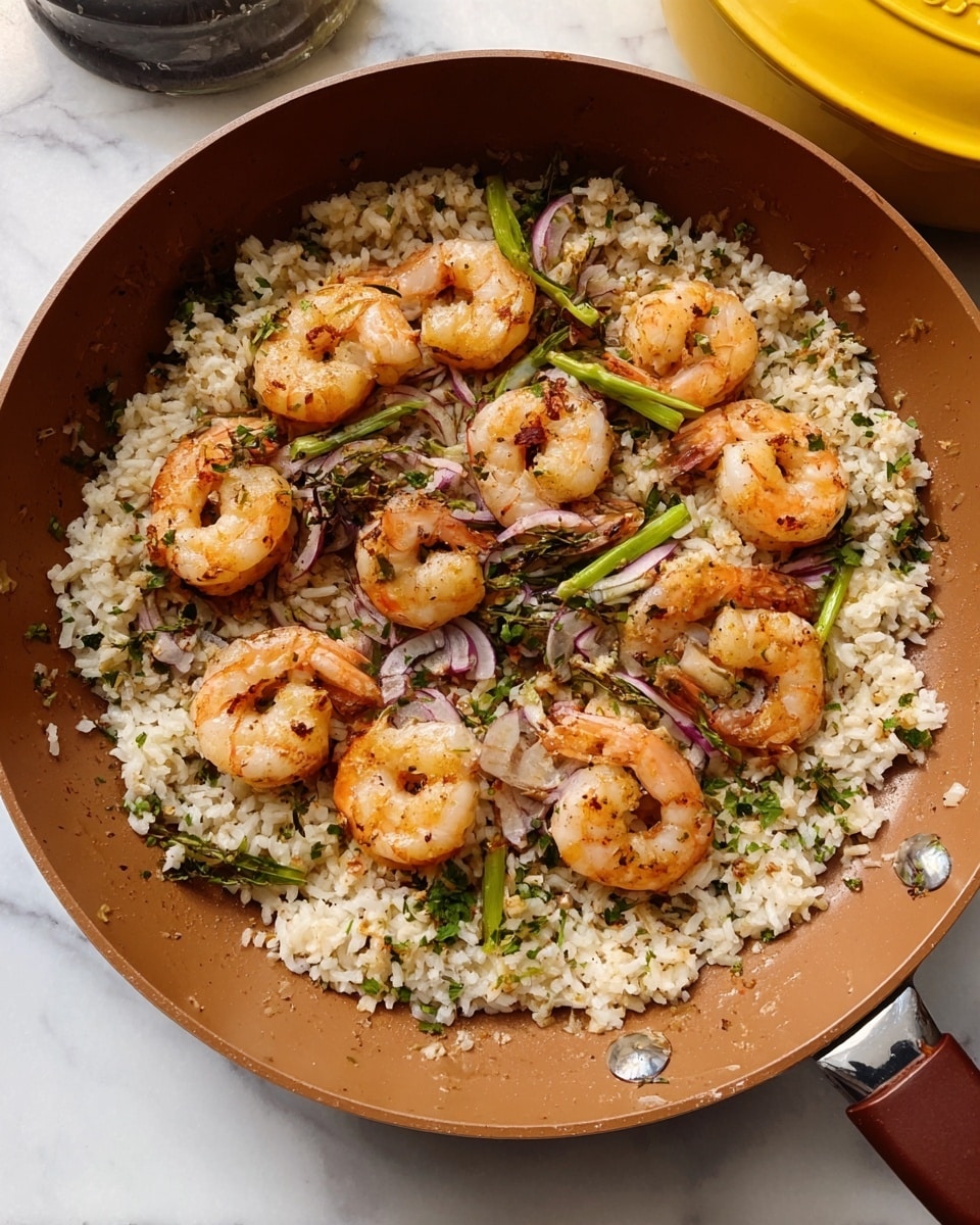 The image shows a light brown non-stick pan filled with cooked rice mixed with small green herbs, creating a speckled white and green base layer. On top of the rice, there are orange shrimp scattered around in a circular shape, some resting on purple and green thin vegetable slices that lie flat on the rice layer. The shrimp have a slightly curved shape and a light grilled texture, giving them a cooked look. The pan sits on a white marbled surface with a yellow pot barely visible in the background. A woman’s hand is partly visible on the right side of the pan. photo taken with an iphone --ar 4:5 --v 7