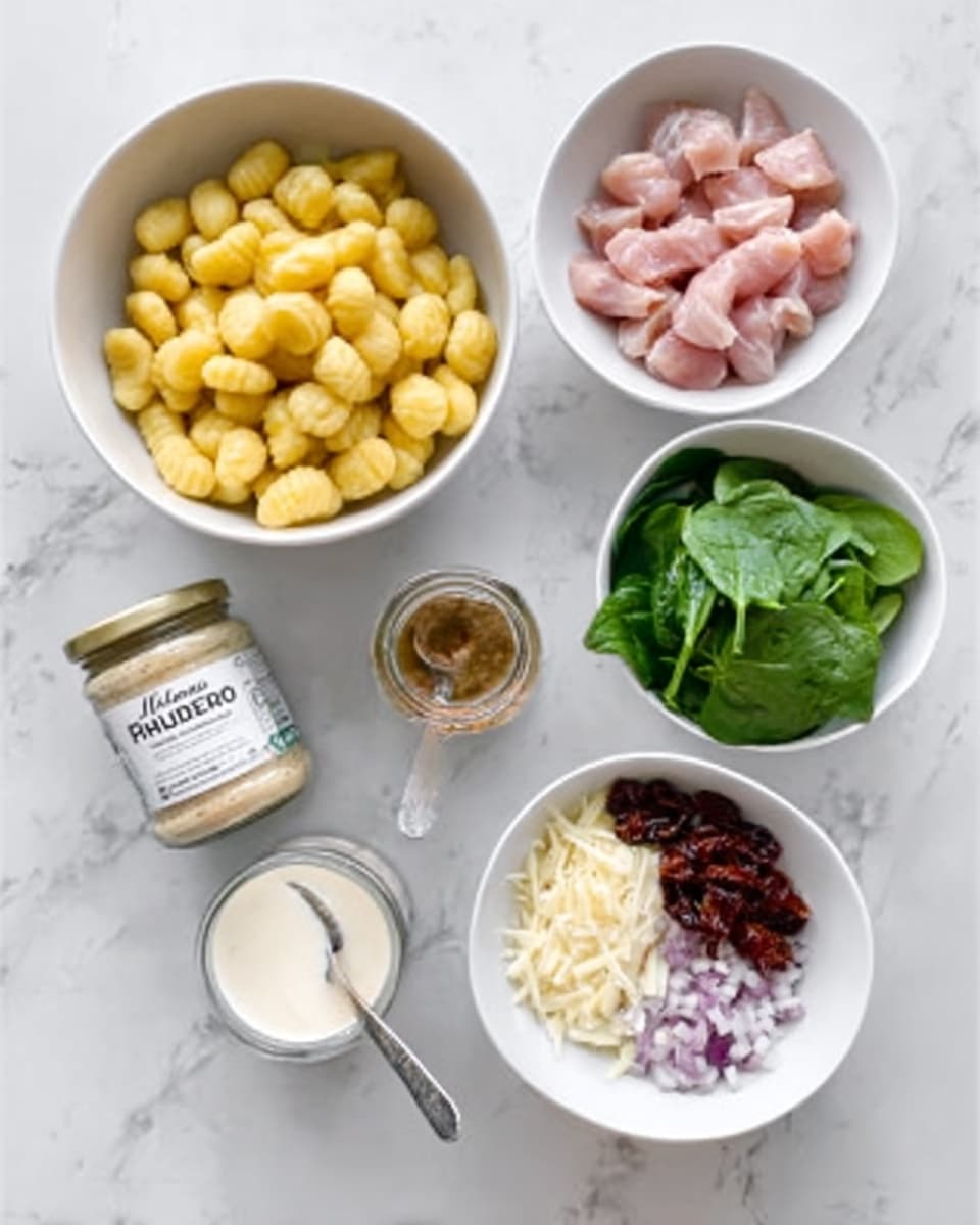 There are several white bowls and a spoon arranged on a white marbled surface. One large white bowl is full of yellow gnocchi pieces. A smaller white bowl holds raw pink chicken pieces. Another small white bowl has fresh green spinach leaves, and beside it is a silver spoon with a bit of brownish sauce. There is a jar of white sauce labeled