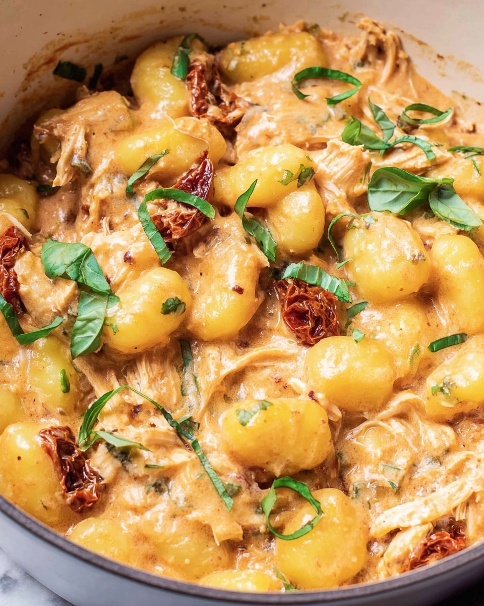 A close-up view of a creamy gnocchi dish inside a white pot shows three main parts: small yellow gnocchi pieces with soft texture, chunks of white shredded chicken mixed evenly, and dark reddish-brown sun-dried tomatoes scattered throughout. The creamy sauce coating all the ingredients has a light orange color with a smooth, thick texture. Fresh green basil leaves are thinly sliced and sprinkled on top, adding a bright contrast to the warm colors. The image is set on a white marbled background. photo taken with an iphone --ar 4:5 --v 7